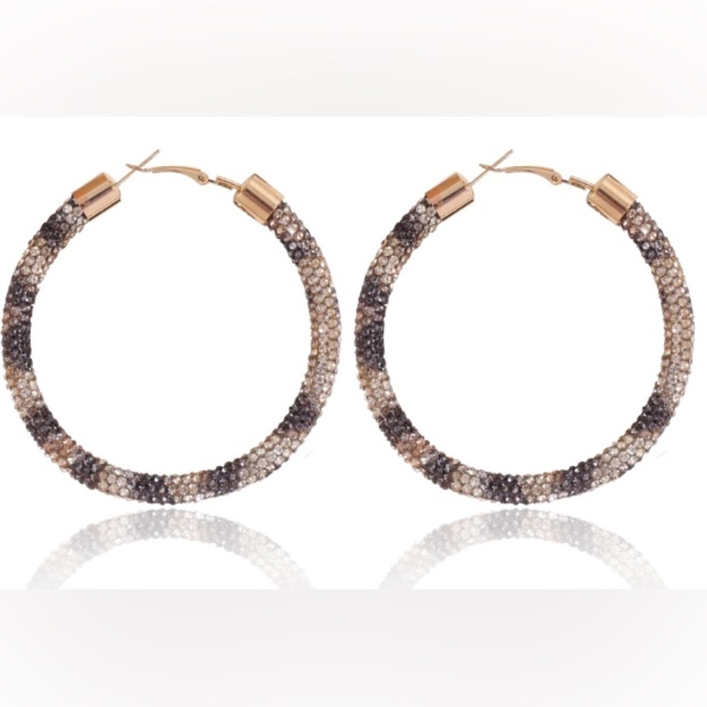 Crystal blue and gold giant hoop earrings